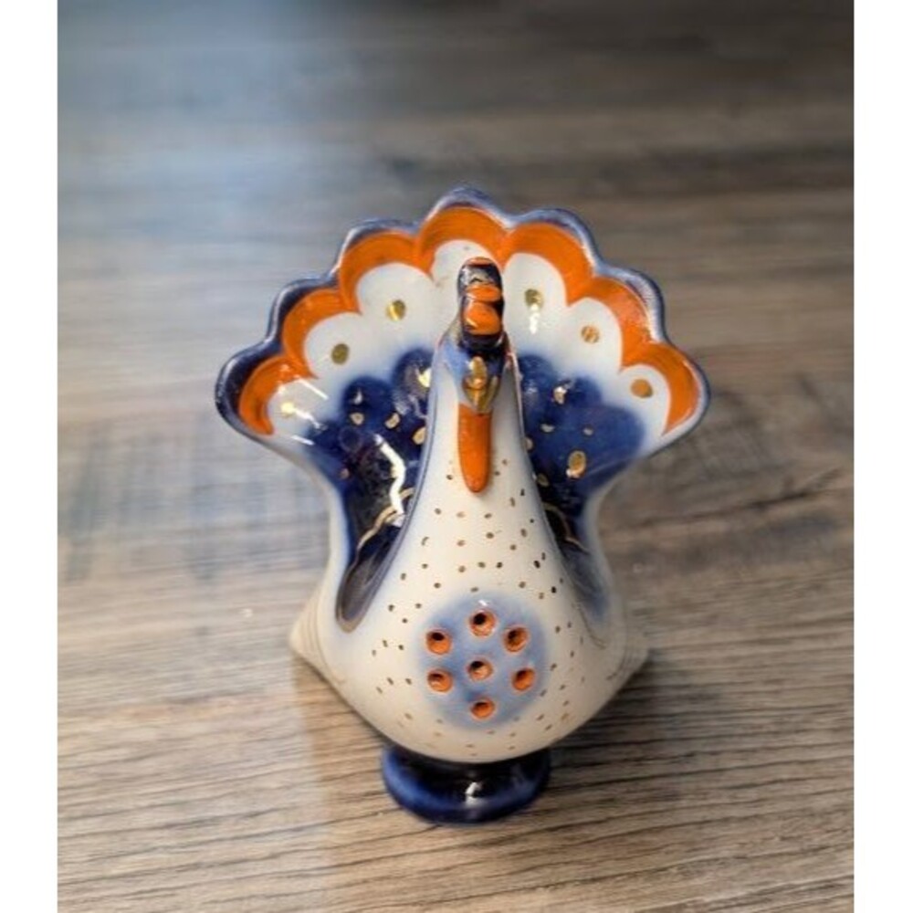Vtg Lomonosov Porcelain Turkey Figure Salt Shaker USSR Blue White w/Gold